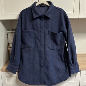 MEROKEETY Shacket Womens M Navy Blue Oversized Snap Button Pocket Minimalist
